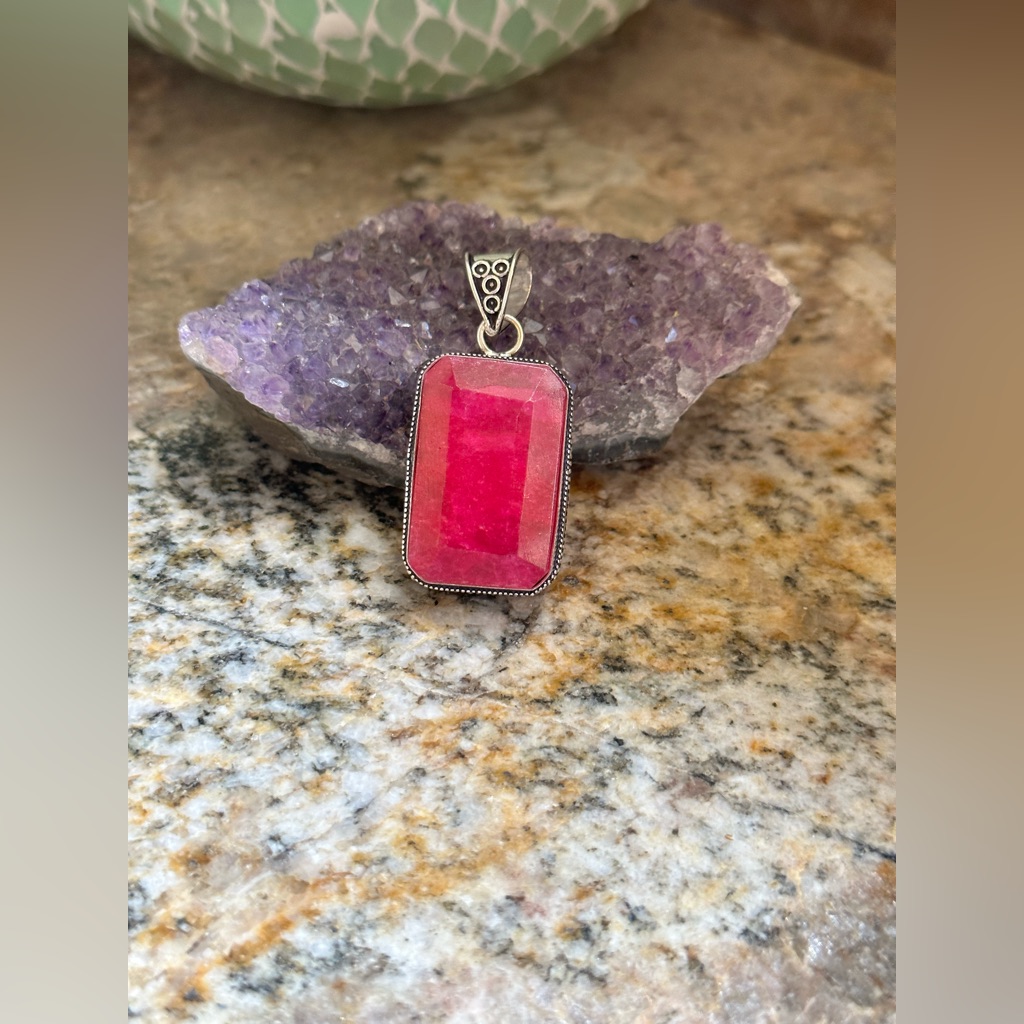 Chunky Silver Lab Created Ruby Pendant